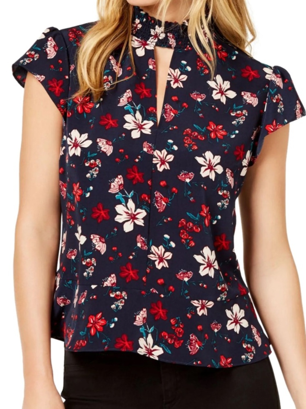 Rachel Zoe Floral Print Ruffle Short Sleeve Mock‎ Neck Peplum Hem Blouse Large L